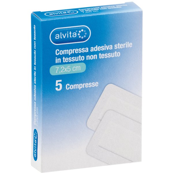 ALVITA GARZA COMPRESSA ADESIVA STERILE IN TESSUTO NON TESSUTO ESTENSIBILE BIANCO 7,2X5CM 5 PEZZI